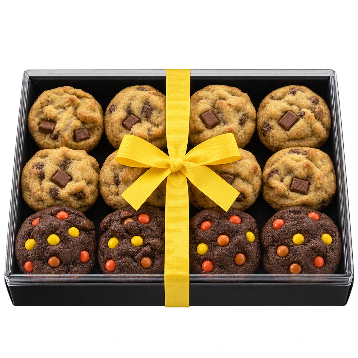 photo de 12 mini cookies par WannaCooky dans une boite de présentation  avec un ruban jaune sur un fond transparent