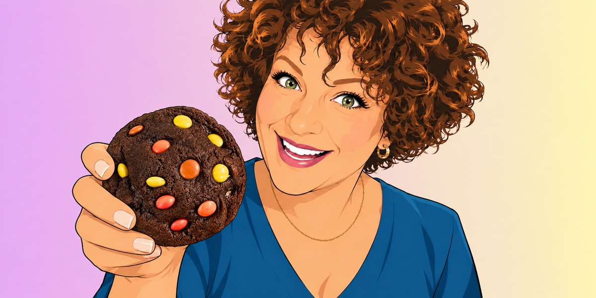 Un anime dessin anime image de Eleanor la fondatrice  WannaCooky montrant un new york style cookie au chocolat avec Reese's Pieces