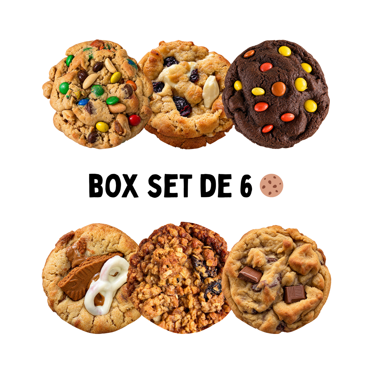Graphique de 6 cookies avec texte "Box Set de 6 cookies.