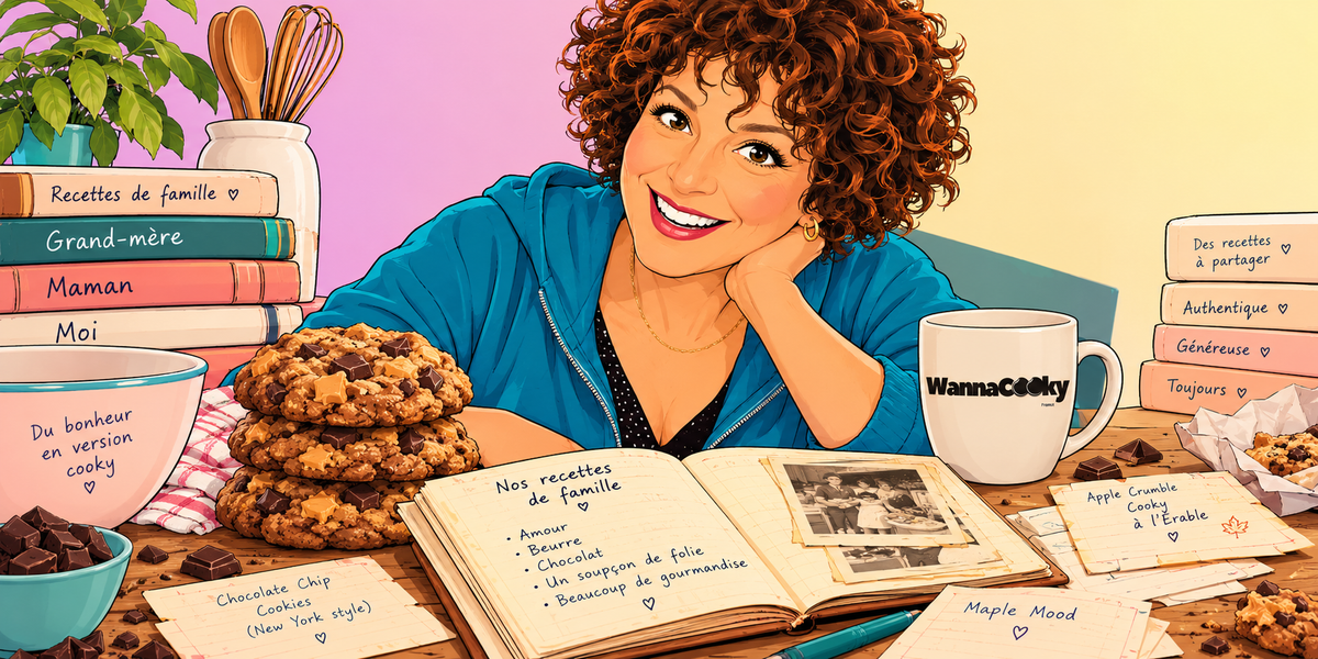 anime style dessin anime de la fondatrice entourés par les recettes, chocolat et cookies