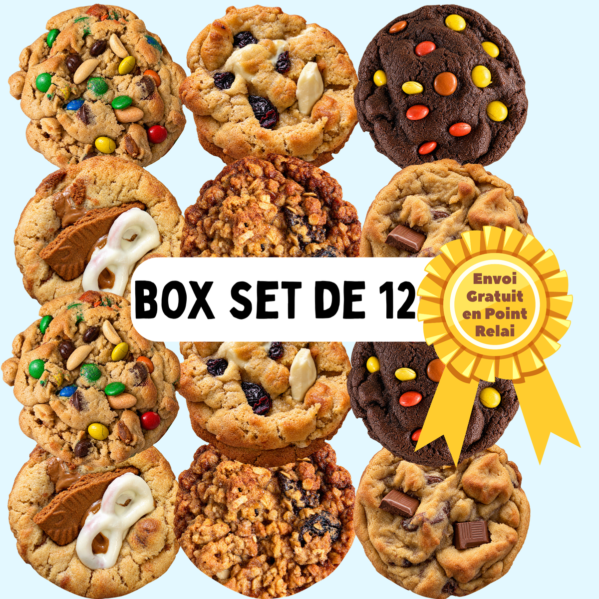 Graphique de cookies representante le box set de 12 cookies avec l'offre d'envoi gratuit