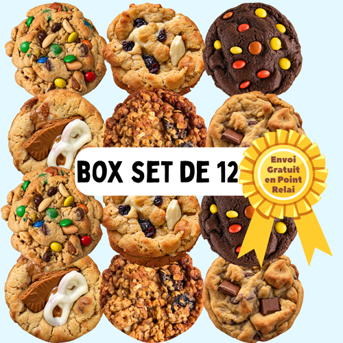 Graphique de cookies representante le box set de 12 cookies avec l'offre d'envoi gratuit
