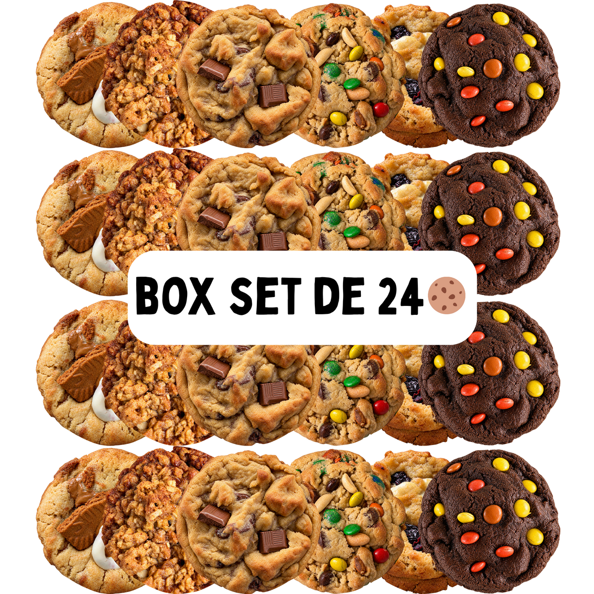 graphique avec 24 New York style cookies 4 de chacun de 6 variétés et le texte "Box de 24 Cookies"