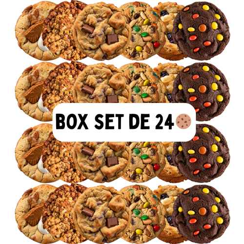 graphique avec 24 New York style cookies 4 de chacun de 6 variétés et le texte "Box de 24 Cookies"